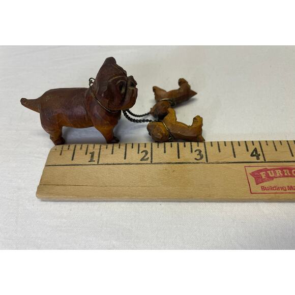 Vtg 40s 50s Chained Bulldog Figurines Wood Carved Knick Knacks Mini Mama Puppies - Picture 6 of 10